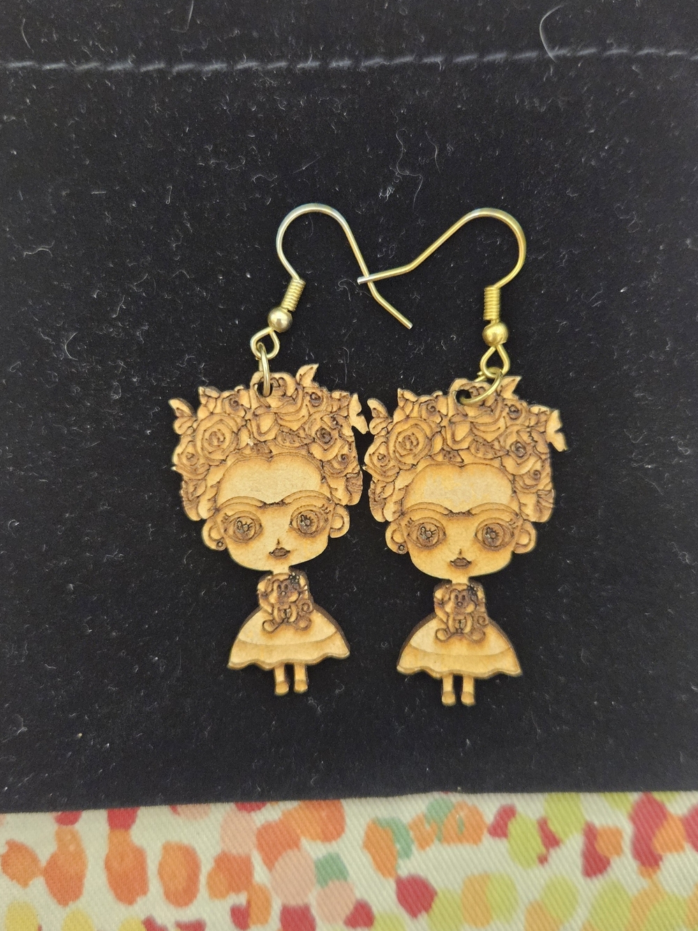Wooden Frida-Inspired Doll Earrings - Light Brown